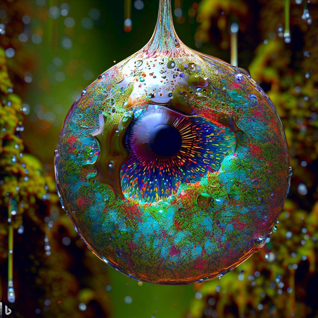 2- 3D hyper-detailed joyfully bursting spattering raindrop with multi-colored nano-circuitry iris-stroma living breathing eye-pupil at its core, spattering wet rainforest moss synapses, mirroring recursion.jpg